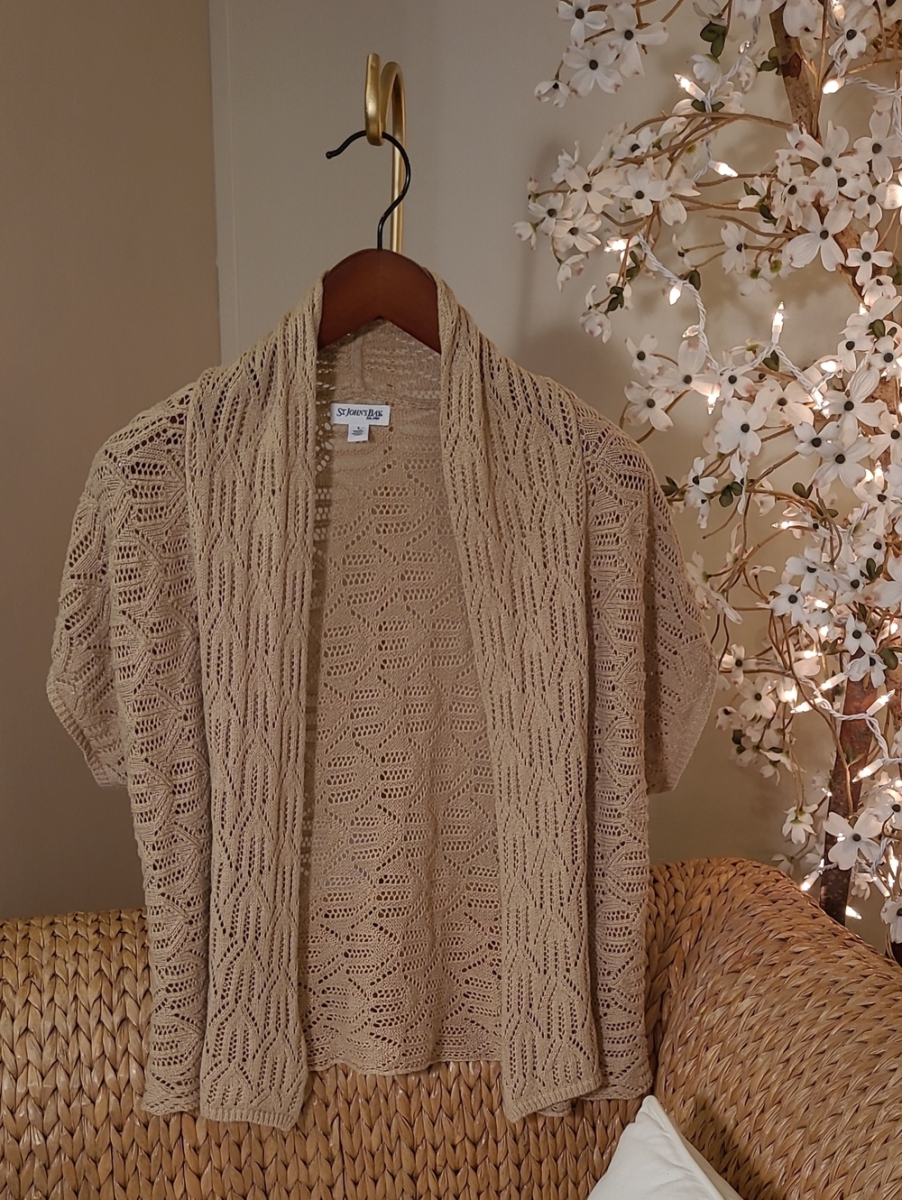 St. John's Bay Cream Openwork Knit Short-Sleeve Cardigan